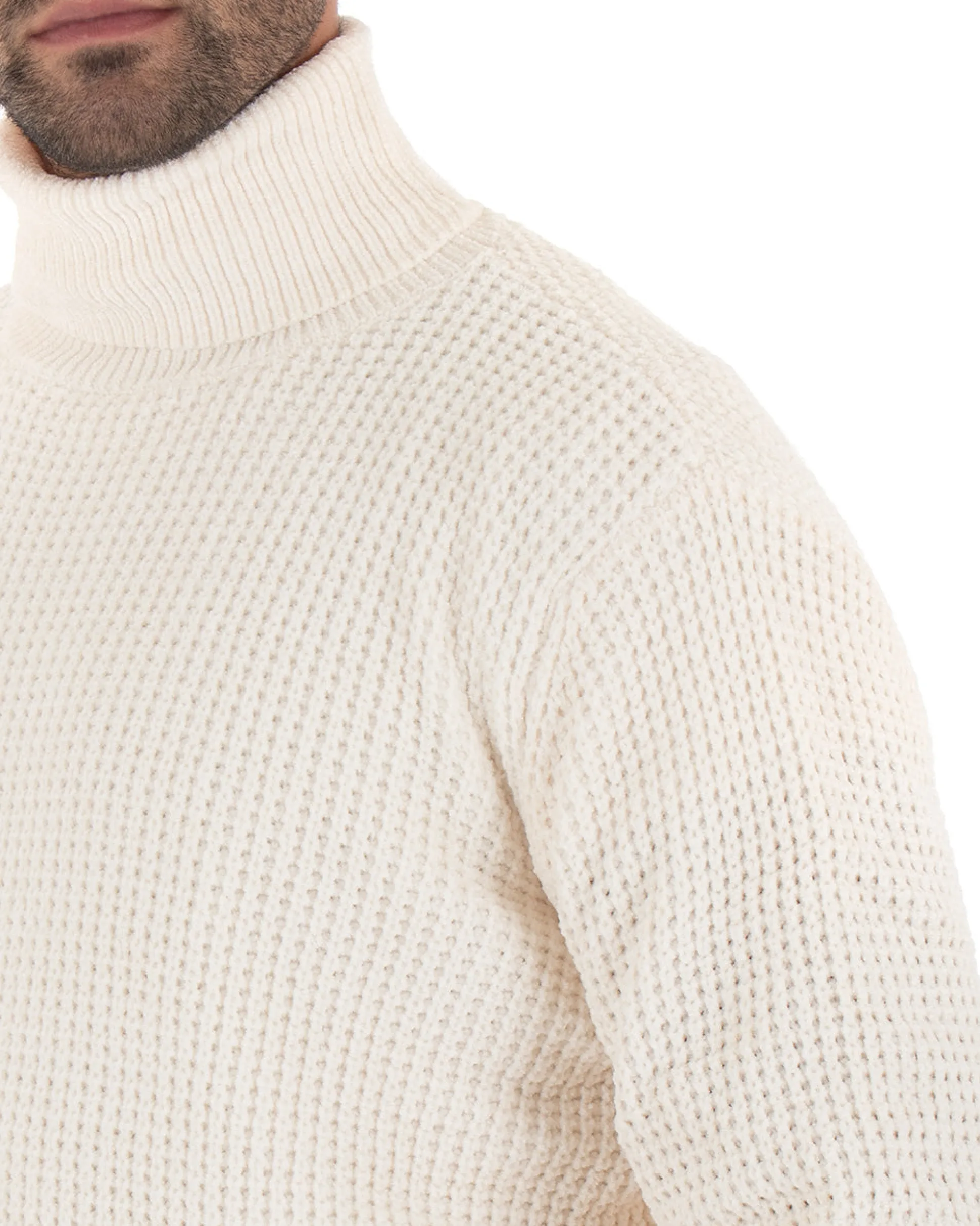 Maglioncino Uomo Ciniglia Collo Alto Pullover Caldo Maglia Maniche Lunghe Lavorata Dolcevita Casual Panna GIOSAL-M2303A