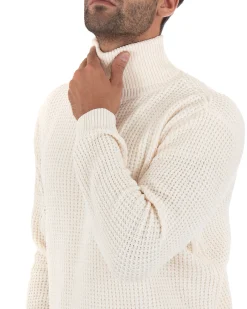 Maglioncino Uomo Ciniglia Collo Alto Pullover Caldo Maglia Maniche Lunghe Lavorata Dolcevita Casual Panna GIOSAL-M2303A