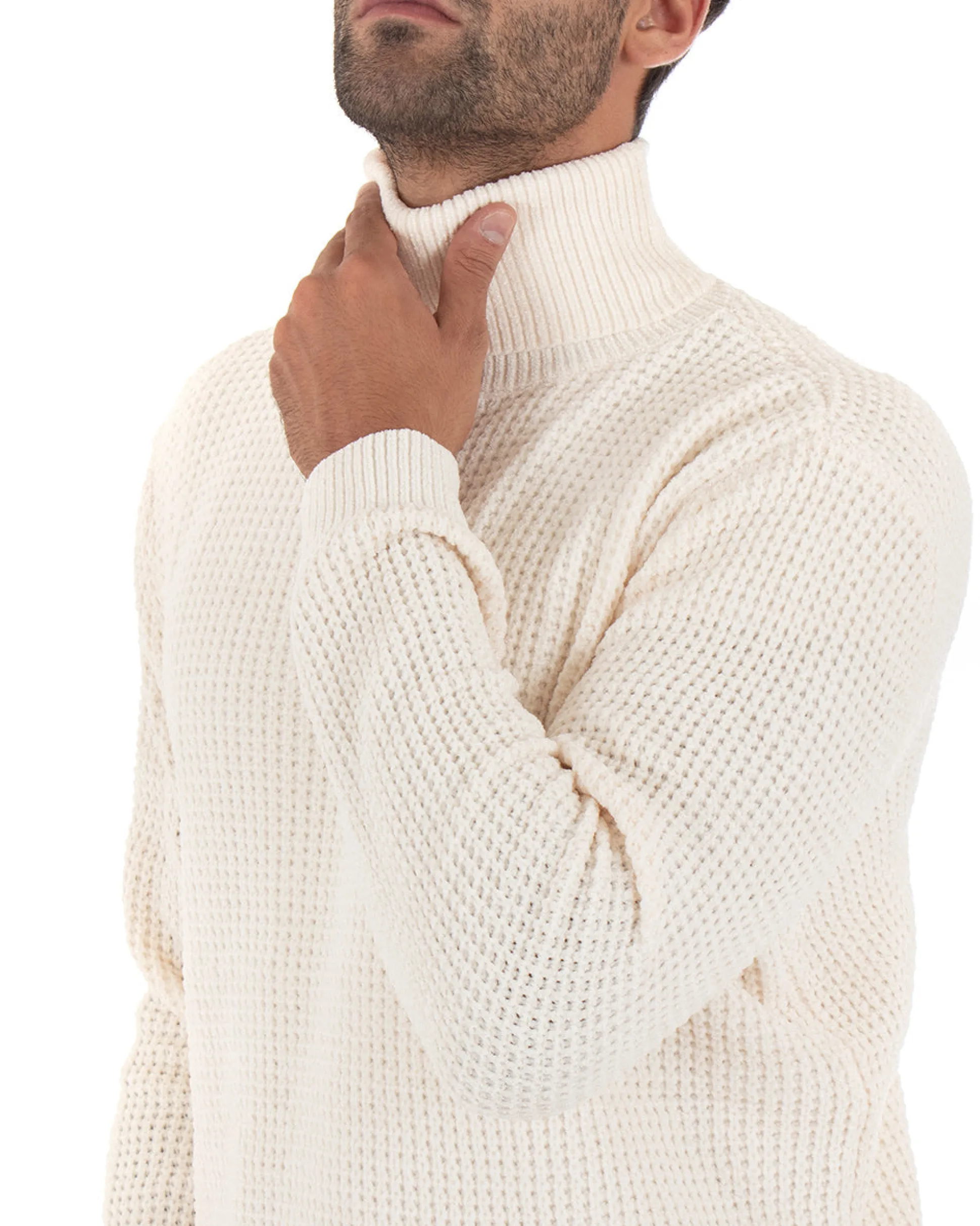 Maglioncino Uomo Ciniglia Collo Alto Pullover Caldo Maglia Maniche Lunghe Lavorata Dolcevita Casual Panna GIOSAL-M2303A