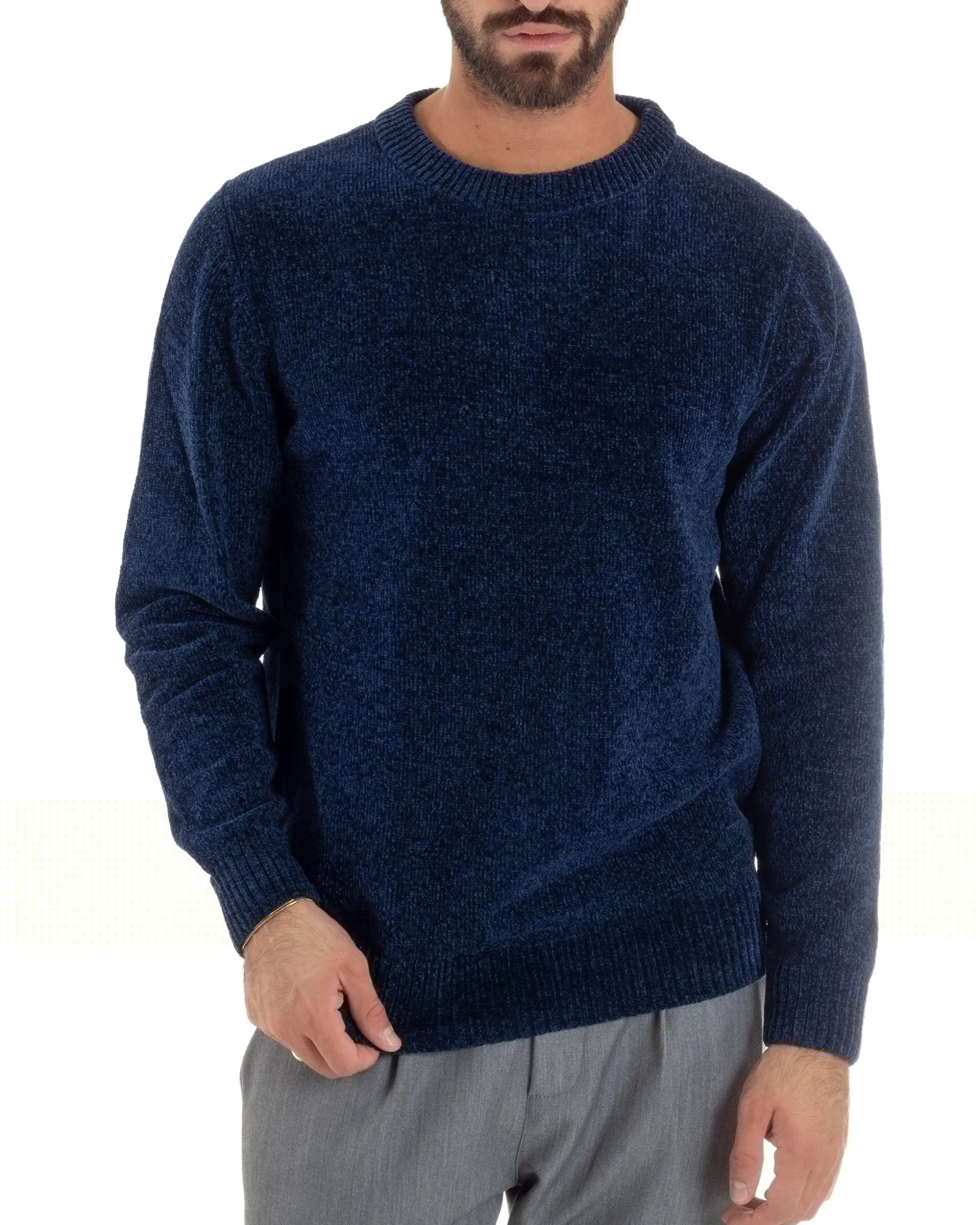 Maglioncino Uomo Ciniglia Regular Fit Maglia Basic Blu M3052A