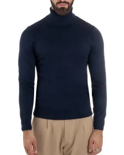 Maglioncino Uomo Collo Alto Maglia Rasata Dolcevita Basic Blu M2537A