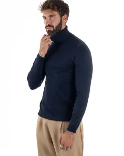 Maglioncino Uomo Collo Alto Maglia Rasata Dolcevita Basic Blu M2537A