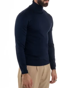 Maglioncino Uomo Collo Alto Maglia Rasata Dolcevita Basic Blu M2537A