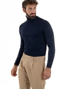 Maglioncino Uomo Collo Alto Maglia Rasata Dolcevita Basic Blu M2537A