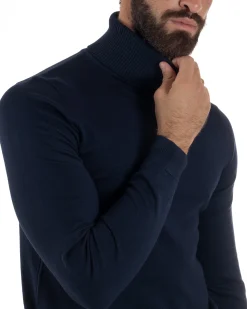 Maglioncino Uomo Collo Alto Maglia Rasata Dolcevita Basic Blu M2537A