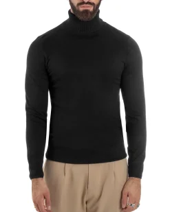 Maglioncino Uomo Collo Alto Maglia Rasata Dolcevita Basic Nero M2538A