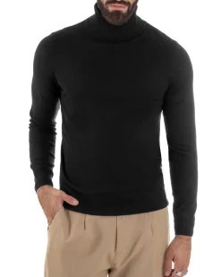 Maglioncino Uomo Collo Alto Maglia Rasata Dolcevita Basic Nero M2538A