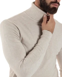 Maglioncino Uomo Collo Alto Maglia Rasata Dolcevita Basic Beige Melangiato M2542A