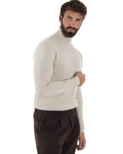 Maglioncino Uomo Collo Alto Maglia Rasata Dolcevita Basic Beige Melangiato M2542A