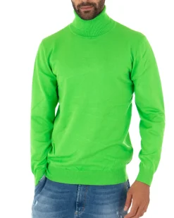 Maglioncino Uomo Collo Alto Maglia Rasata Dolcevita Basic Verde Acido M2552A