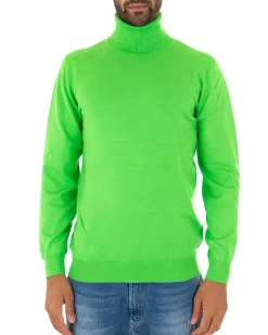 Maglioncino Uomo Collo Alto Maglia Rasata Dolcevita Basic Verde Acido M2552A
