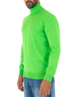 Maglioncino Uomo Collo Alto Maglia Rasata Dolcevita Basic Verde Acido M2552A