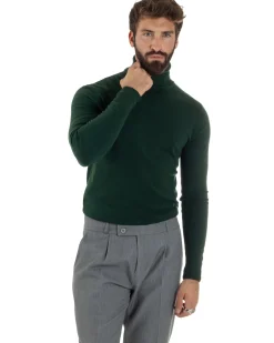 Maglioncino Uomo Collo Alto Maglia Rasata Dolcevita Basic Verde Bottiglia M2548A