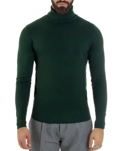 Maglioncino Uomo Collo Alto Maglia Rasata Dolcevita Basic Verde Bottiglia M2548A
