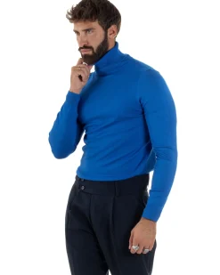 Maglioncino Uomo Collo Alto Maglia Rasata Dolcevita Basic Blu Royal M2547A