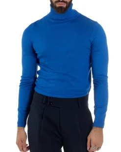 Maglioncino Uomo Collo Alto Maglia Rasata Dolcevita Basic Blu Royal M2547A