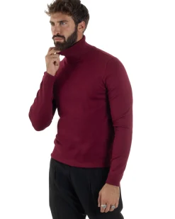 Maglioncino Uomo Collo Alto Maglia Rasata Dolcevita Basic Prugna M2545A