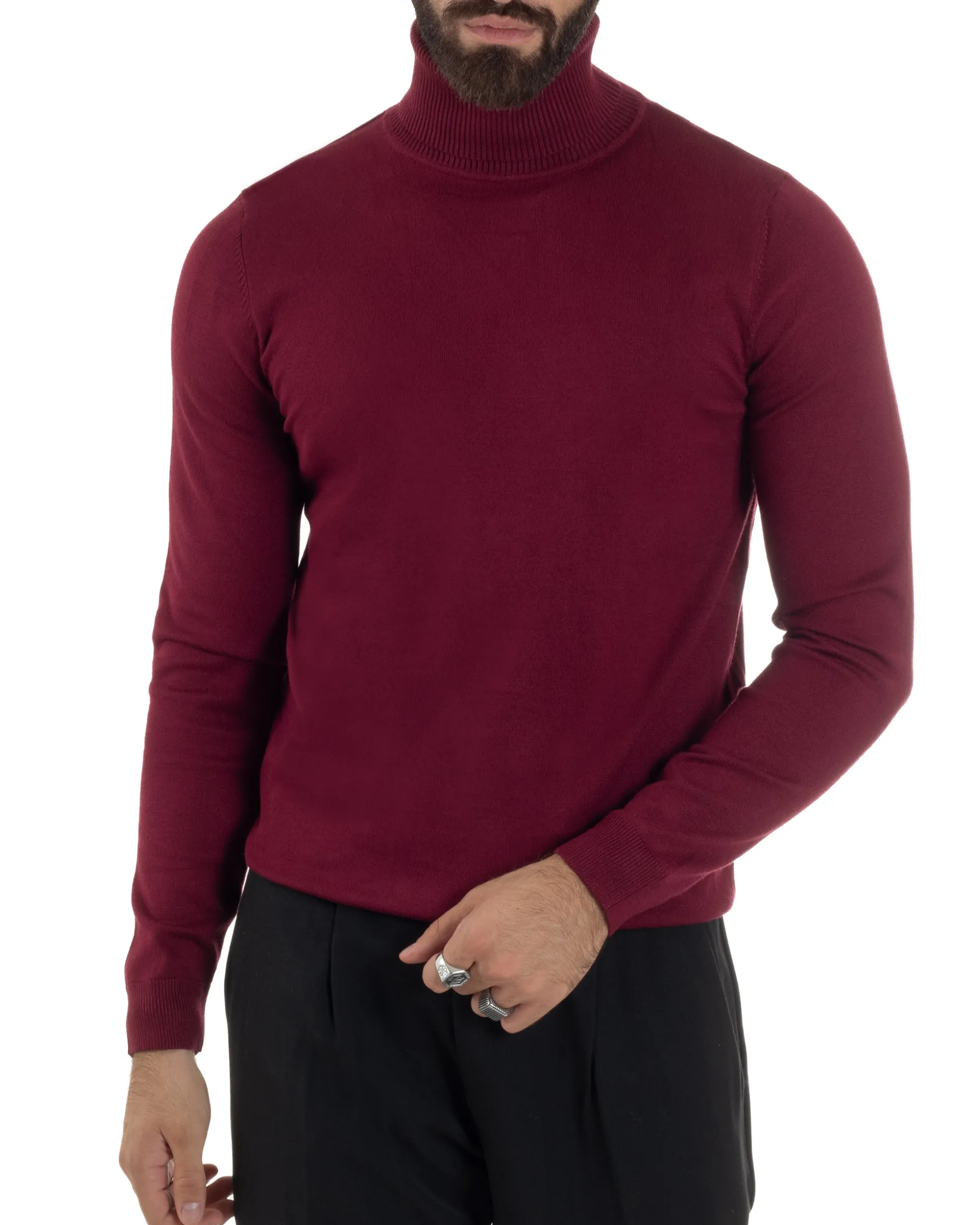 Maglioncino Uomo Collo Alto Maglia Rasata Dolcevita Basic Prugna M2545A