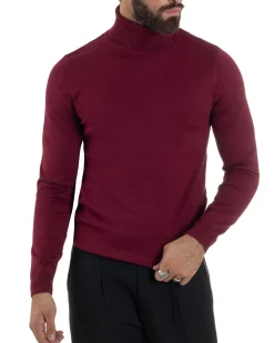Maglioncino Uomo Collo Alto Maglia Rasata Dolcevita Basic Prugna M2545A