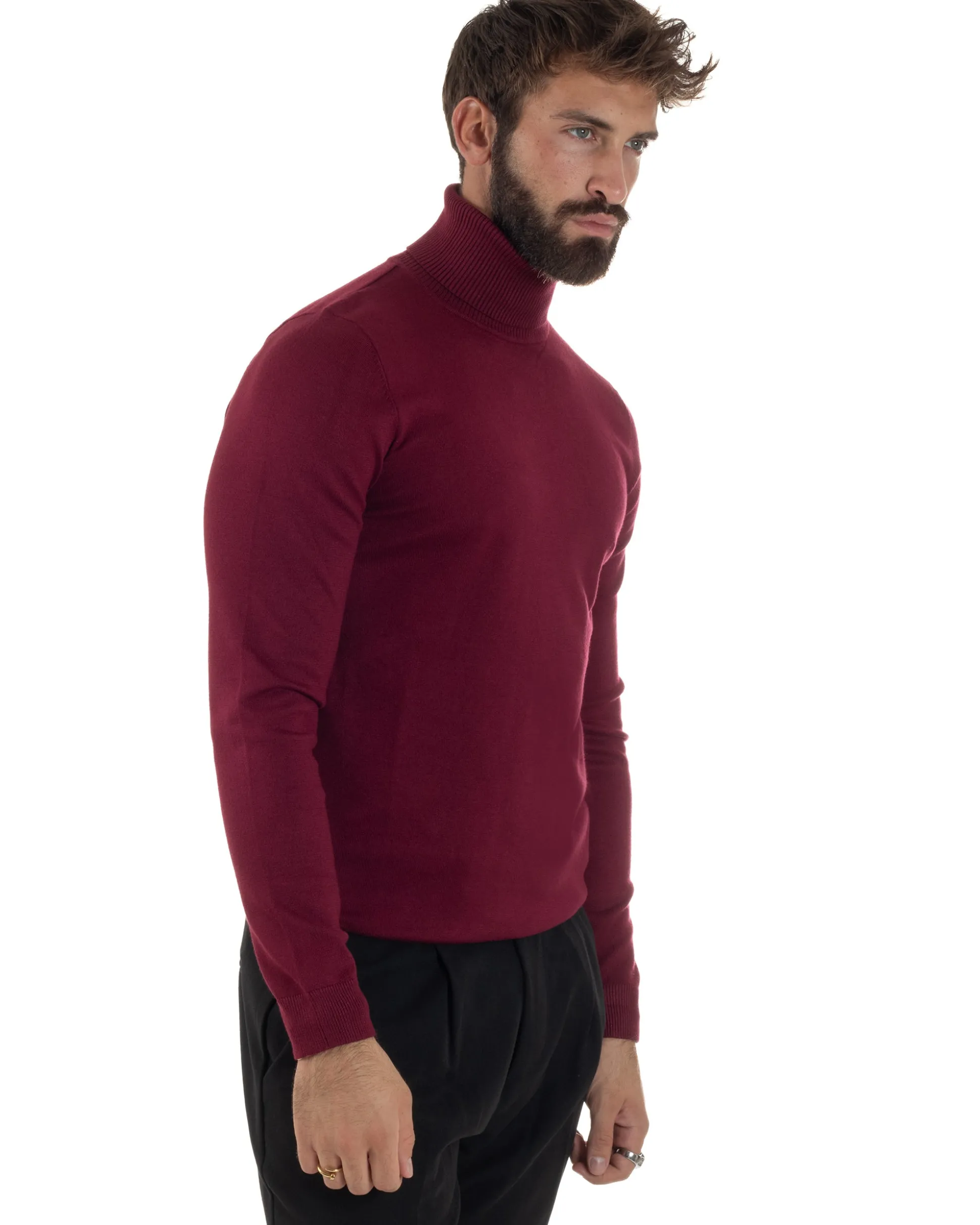 Maglioncino Uomo Collo Alto Maglia Rasata Dolcevita Basic Prugna M2545A