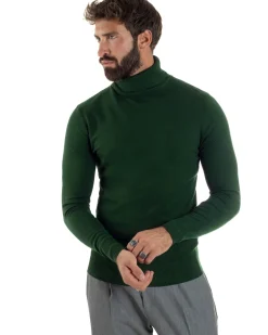Maglioncino Uomo Collo Alto Maglia Rasata Dolcevita Basic Verde Militare M2551A