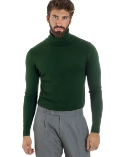 Maglioncino Uomo Collo Alto Maglia Rasata Dolcevita Basic Verde Militare M2551A