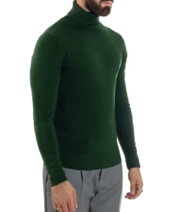 Maglioncino Uomo Collo Alto Maglia Rasata Dolcevita Basic Verde Militare M2551A