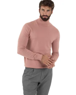 Maglioncino Uomo Collo Alto Maglia Rasata Dolcevita Basic Rosa M2557A