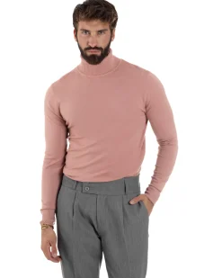 Maglioncino Uomo Collo Alto Maglia Rasata Dolcevita Basic Rosa M2557A