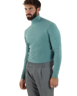 Maglioncino Uomo Collo Alto Maglia Rasata Dolcevita Basic Petrolio M2534A