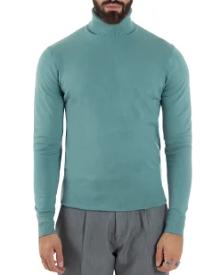 Maglioncino Uomo Collo Alto Maglia Rasata Dolcevita Basic Petrolio M2534A