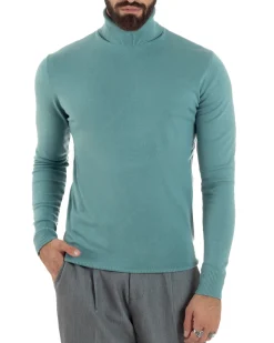 Maglioncino Uomo Collo Alto Maglia Rasata Dolcevita Basic Petrolio M2534A