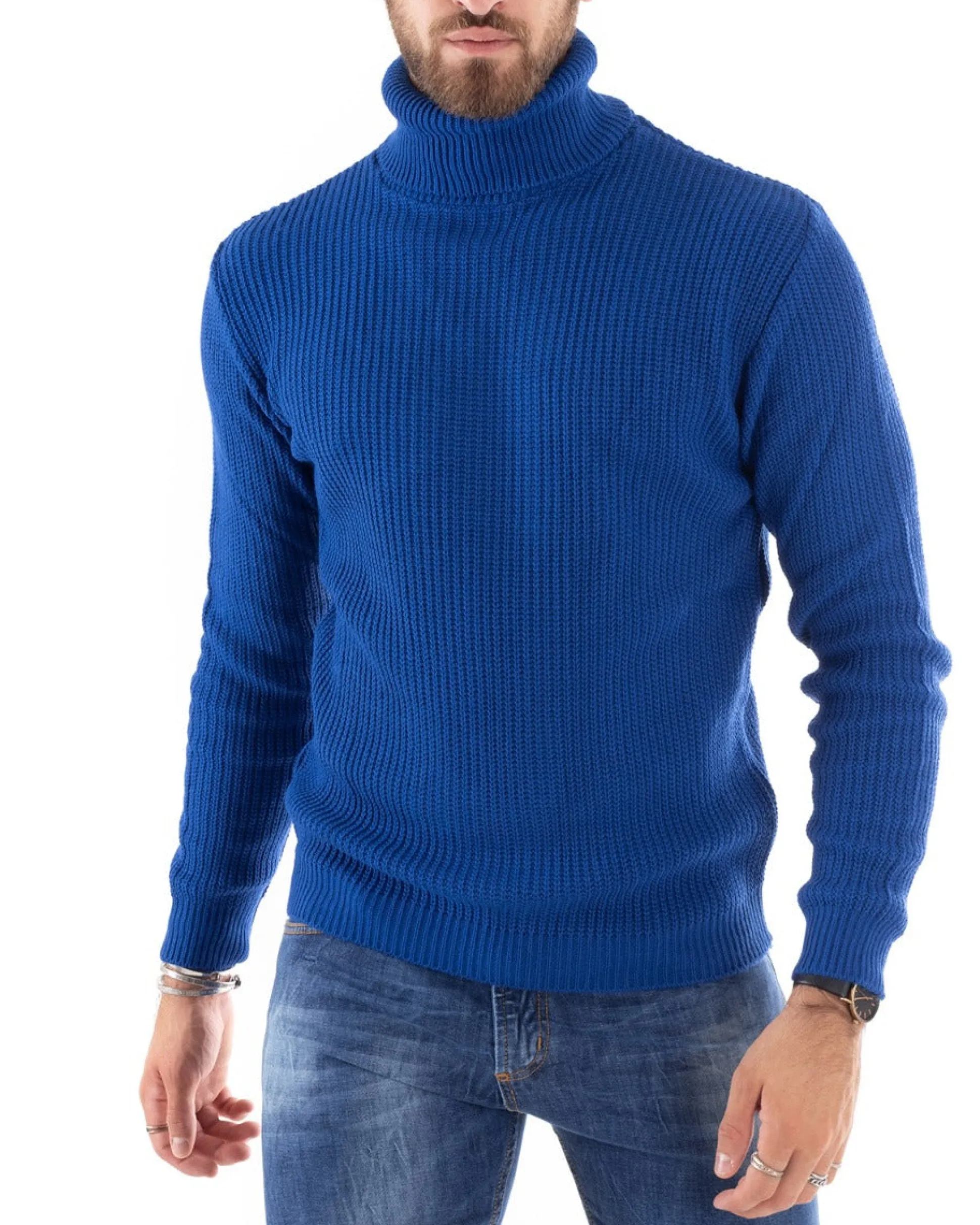 Maglioncino Uomo Collo Alto Maglia Inglese Dolcevita Basic Blu Royal M2343A