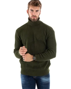 Maglioncino Uomo Collo Alto Maglia Inglese Dolcevita Basic Verde Militare M2355A