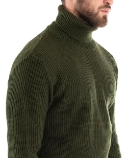 Maglioncino Uomo Collo Alto Maglia Inglese Dolcevita Basic Verde Militare M2355A