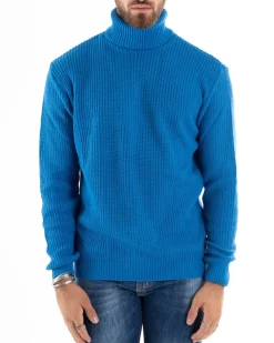 Maglioncino Uomo Collo Alto Maglia Inglese Dolcevita Basic Azzurro M2351A
