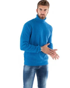 Maglioncino Uomo Collo Alto Maglia Inglese Dolcevita Basic Azzurro M2351A