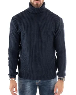 Maglioncino Uomo Collo Alto Maglia Inglese Dolcevita Basic Blu Scuro M2598A