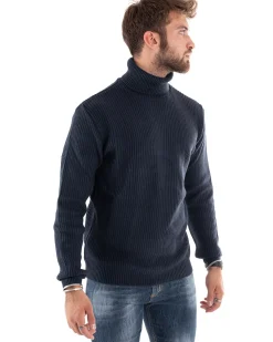 Maglioncino Uomo Collo Alto Maglia Inglese Dolcevita Basic Blu Scuro M2598A