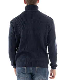 Maglioncino Uomo Collo Alto Maglia Inglese Dolcevita Basic Blu Scuro M2598A