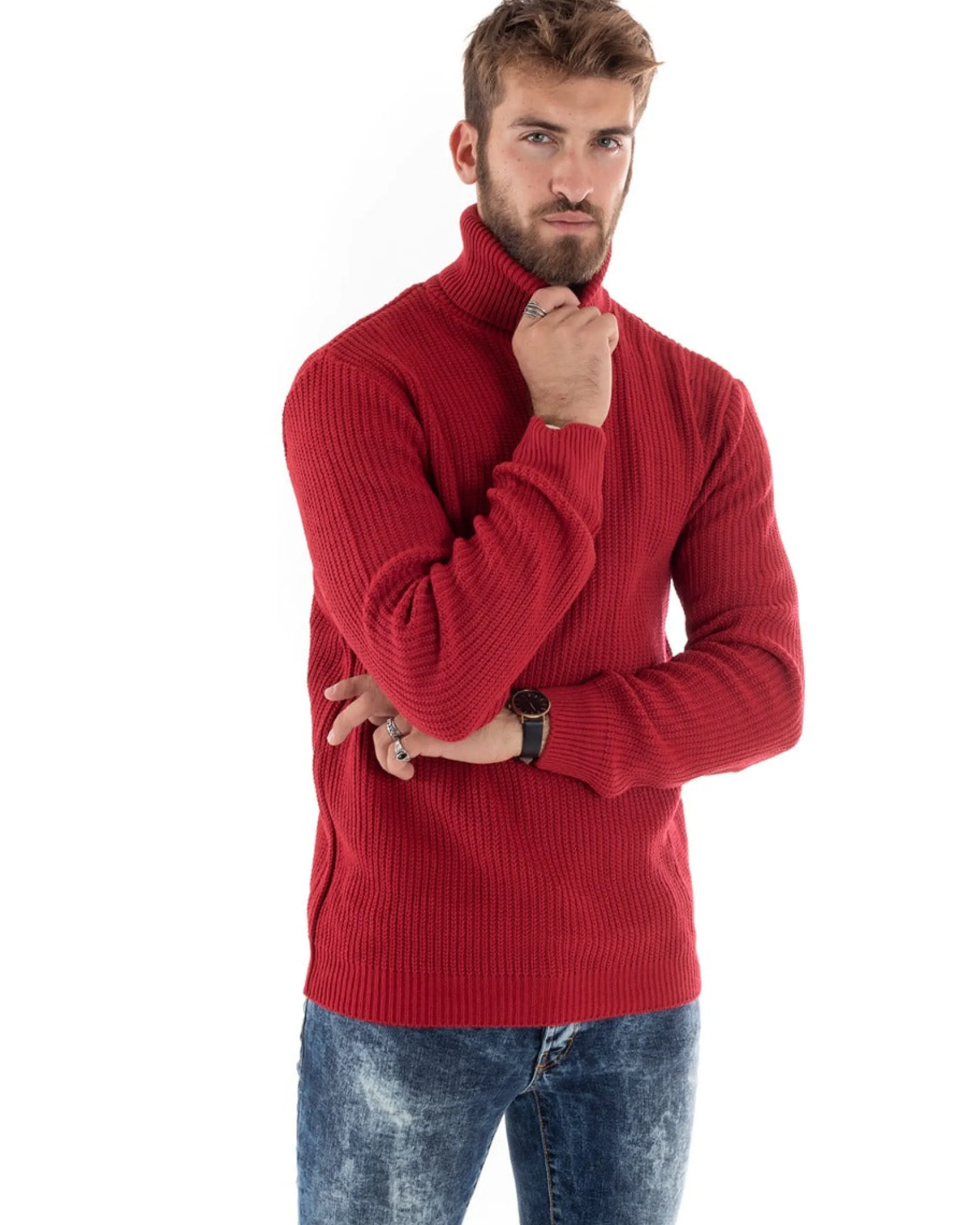 Maglioncino Uomo Collo Alto Maglia Inglese Dolcevita Basic Rosso M2350A