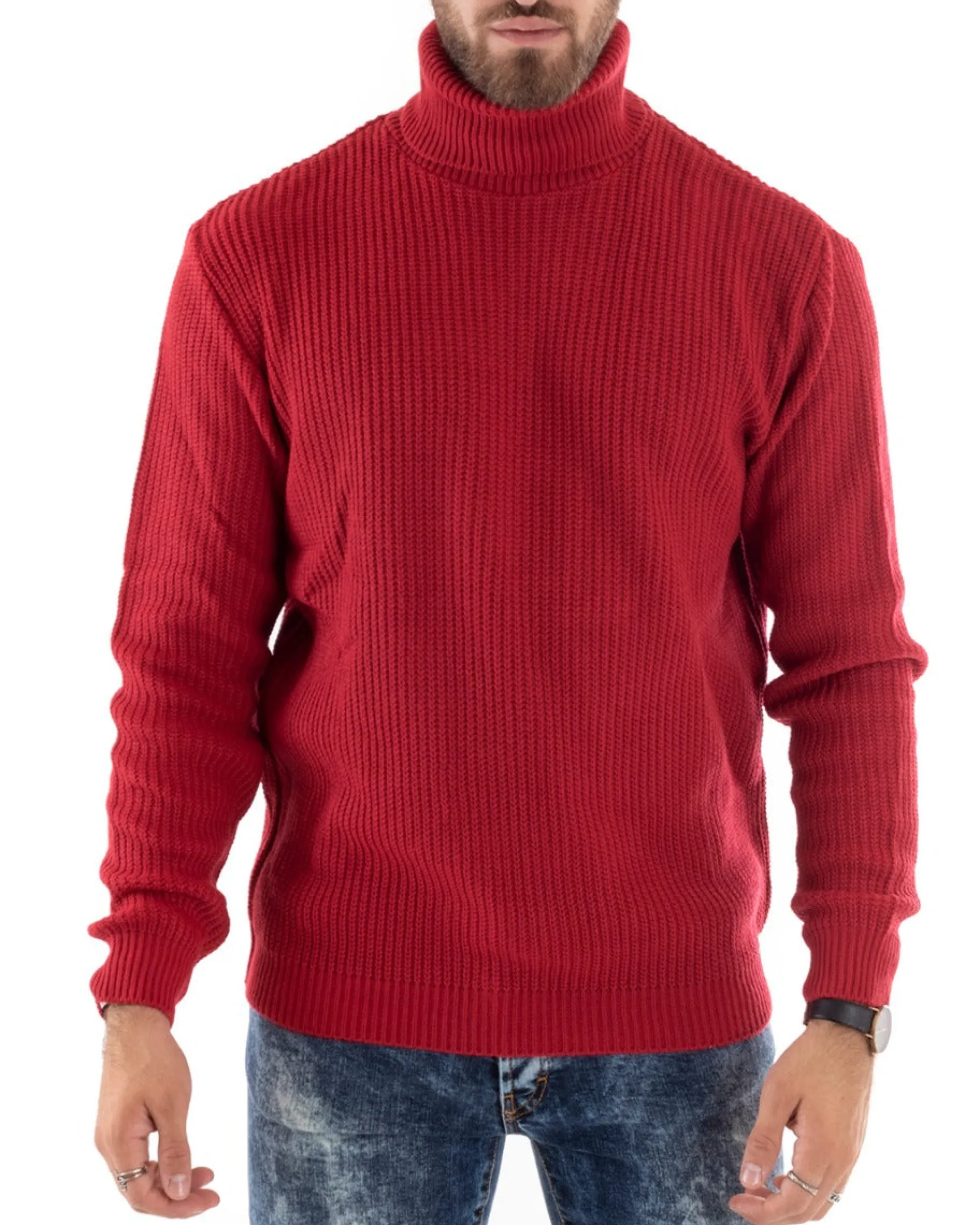 Maglioncino Uomo Collo Alto Maglia Inglese Dolcevita Basic Rosso M2350A