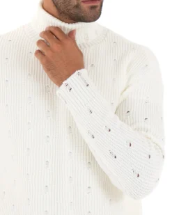 Maglioncino Uomo Collo Alto Tinta Unita Bianco Maglia Dolcevita Con Rotture GIOSAL-M2291A