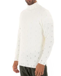 Maglioncino Uomo Collo Alto Tinta Unita Bianco Maglia Dolcevita Con Rotture GIOSAL-M2291A