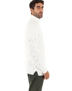 Maglioncino Uomo Collo Alto Tinta Unita Bianco Maglia Dolcevita Con Rotture GIOSAL-M2291A