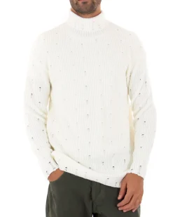 Maglioncino Uomo Collo Alto Tinta Unita Bianco Maglia Dolcevita Con Rotture GIOSAL-M2291A