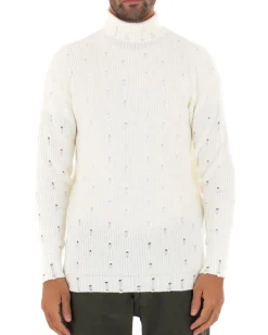 Maglioncino Uomo Collo Alto Tinta Unita Bianco Maglia Dolcevita Con Rotture GIOSAL-M2291A