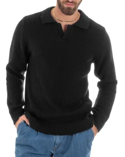 Maglioncino Uomo Con Colletto Maglia Inglese Scollo V Polo Derby Casual Basic Tinta Unita Nero GIOSAL-M2889A