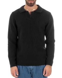 Maglioncino Uomo Con Colletto Maglia Inglese Scollo V Polo Derby Casual Basic Tinta Unita Nero GIOSAL-M2889A