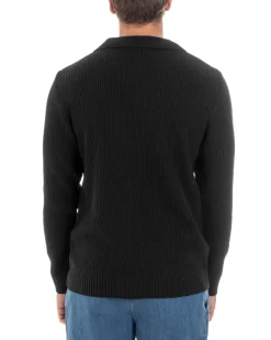 Maglioncino Uomo Con Colletto Maglia Inglese Scollo V Polo Derby Casual Basic Tinta Unita Nero GIOSAL-M2889A